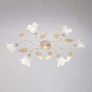 Plafoniera in ferro laccato avorio con decorazione oro antico e diffusori in vetro diametro 14 alabastro bianchi 6 luci