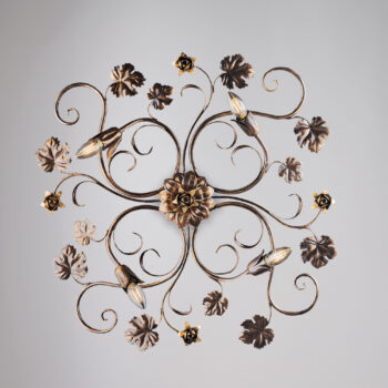 Plafoniera in ferro laccato marrone con decorazione oro antico 4 luci