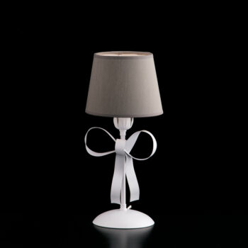 Lumetto in ferro laccato bianco con decorazione effetto shabby chic e paralumi diametro 16 in pvc tortora 1 luce