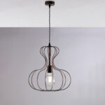 Sospensione in ferro laccato nero con decorazione rame antico con cavo elettrico ricoperto in tessuto intrecciato regolabile 1 luce