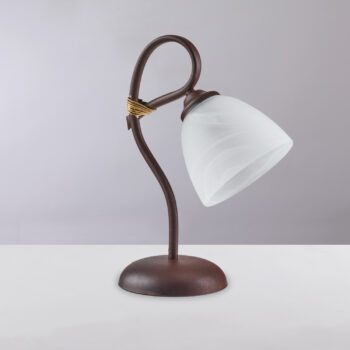 Lumetto in ferro laccato nero con decorazione effetto ruggine e rifiniture oro antico con diffusore in vetro diametro 13 alabastro bianco 1 luce