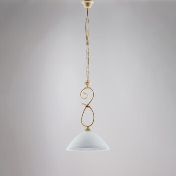 Lampadario in ferro laccato avorio con decorazione effetto decapè e rifiniture in oro antico con diffusore in vetro diametro 13 alabastro bianco 1 luce