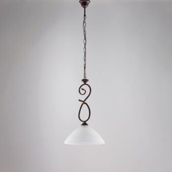 Lampadario in ferro laccato nero con decorazione effetto ruggine e rifiniture oro antico con diffusore in vetro diametro 13 alabastro bianco 1 luce