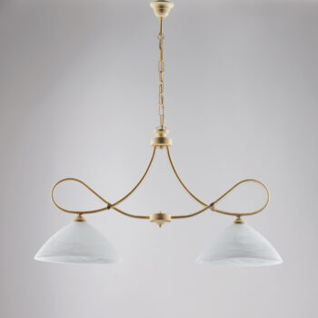 Lampadario in ferro laccato avorio con decorazione effetto decapè e rifiniture in oro antico con diffusori in vetro diametro 13 alabastro bianchi 2 luci