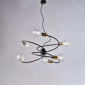 Sospensione in ferro laccato nero con finiture ottone brunito spazzolato e cavo acciaio regolabile 6 luci
