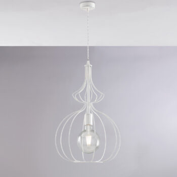 Sospensione in ferro laccato bianco con decorazione argento antico con cavo elettrico ricoperto in tessuto intrecciato regolabile 1 luce