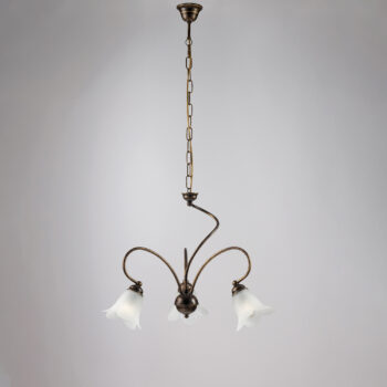 Lampadario in ferro laccato marrone con decorazione oro antico e diffusori in vetro diametro 14 alabastro bianchi 3 luci