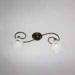 Plafoniera in ferro laccato marrone con decorazione oro antico e diffusori in vetro diametro 14 alabastro bianchi 2 luci