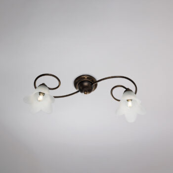 Plafoniera in ferro laccato marrone con decorazione oro antico e diffusori in vetro diametro 14 alabastro bianchi 2 luci