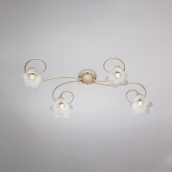 Plafoniera in ferro laccato avorio con decorazione oro antico e diffusori in vetro diametro 14 alabastro bianchi 4 luci