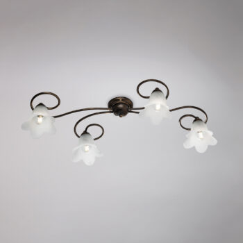 Plafoniera in ferro laccato marrone con decorazione oro antico e diffusori in vetro diametro 14 alabastro bianchi 4 luci