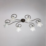 Plafoniera in ferro laccato marrone con decorazione oro antico e diffusori in vetro diametro 14 alabastro bianchi 6 luci