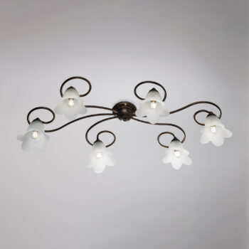 Plafoniera in ferro laccato marrone con decorazione oro antico e diffusori in vetro diametro 14 alabastro bianchi 6 luci