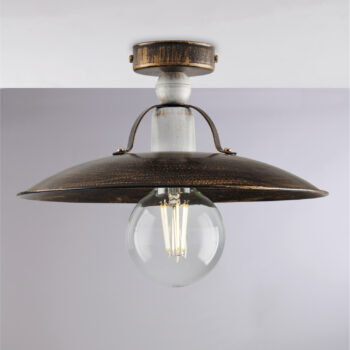 Plafoniera in ferro laccato marrone con decorazione oro antico e rifiniture bianche 1 luce