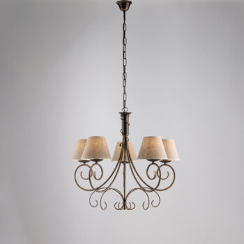 Lampadario in ferro laccato marrone con decorazione oro antico e paralumi diametro 13 in pvc effetto tessuto juta 5 luci