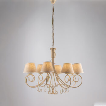 Lampadario in ferro laccato avorio con decorazione oro antico e paralumi diametro 13 in pvc effetto tessuto juta 8 luci