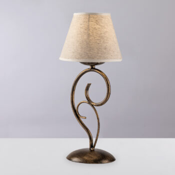 Lumetto in ferro laccato marrone con decorazione oro antico e paralume diametro 13 in pvc effetto tessuto juta 1 luce