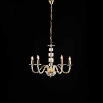 Lampadario in oro con vetro trasparente e strass 5 luci