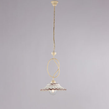 Lampadario in ferro laccato avorio e decorazione effetto decapè con diffusore in ceramica diametro 30 bianco e marrone 1 luce