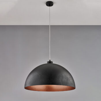 Sospensione diametro 50 in ferro laccato nero con decorazione esterna nera e decorazione interna rame antico con cavo elettrico regolabile 1 luce