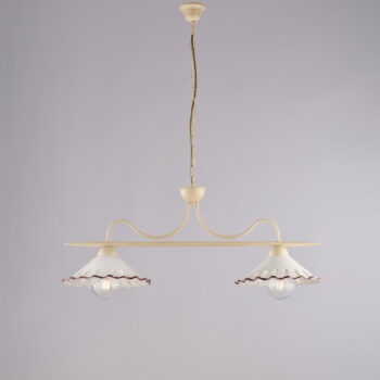 Lampadario in ferro laccato avorio e decorazione effetto decapè con diffusori in ceramica diametro 30 bianco e marrone 2 luci