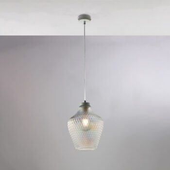 Sospensione in ferro laccato bianco con cavo elettrico regolabile e diffusore in vetro soffiato trasparente con decoro in rilievo 1 luce
