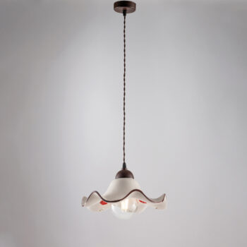 Sospensione in ferro laccato nero e decorazione ruggine con diffusore in ceramica diametro 30 bianco e marrone con cavo elettrico ricoperto in tessuto intrecciato regolabile 1 luce