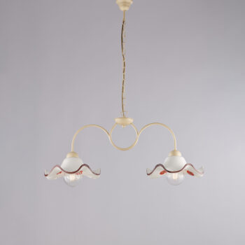 Lampadario in ferro laccato avorio e decorazione effetto decapè con diffusori in ceramica diametro 30 bianco e marrone 2 luci