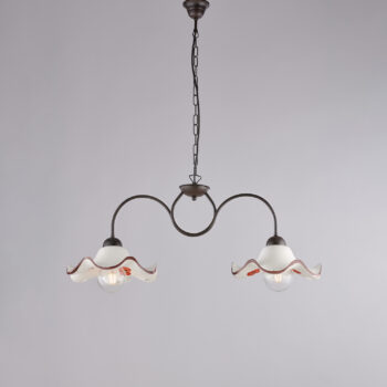 Lampadario in ferro laccato nero e decorazione ruggine con diffusori in ceramica diametro 30 bianco e marrone 2 luci