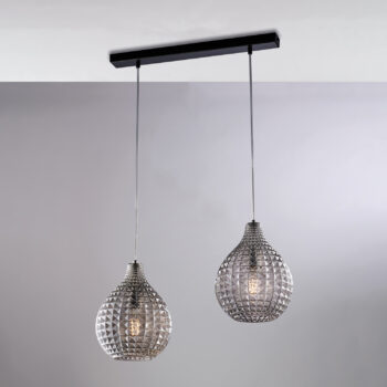 Binario in ferro laccato nero e montatura cromo con cavi elettrici regolabili e diffusori in vetro soffiato grigio specchiato con decoro effetto cristallo 2 luci