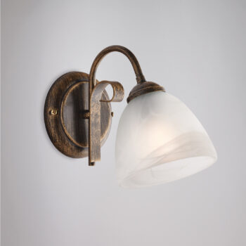 Applique in ferro laccato marrone con decorazione oro antico e diffusore in vetro diametro 13 alabastro bianco 1 luce