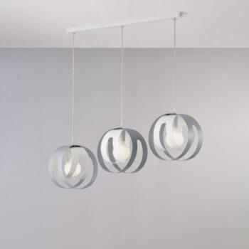 Sospensione con rosone rettangolare e diffusori taglio laser in ferro laccato bianco e grigio con cavo elettrico regolabile 3 luci