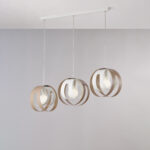 Sospensione con rosone rettangolare e diffusori taglio laser in ferro laccato bianco e tortora con cavo elettrico regolabile 3 luci