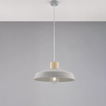 Sospensione in ferro laccato grigio con diffusore in cemento diametro 40 e legno con cavo elettrico regolabile 1 luce