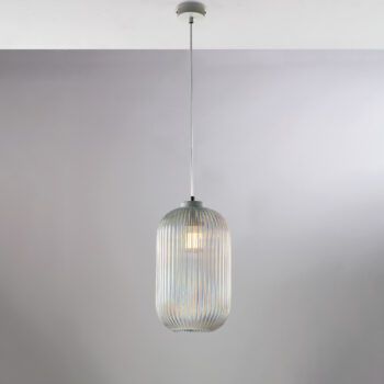 Sospensione in ferro laccato bianco con cavo elettrico regolabile e diffusore in vetro soffiato trasparente con decoro rigatura in rilievo 1 luce