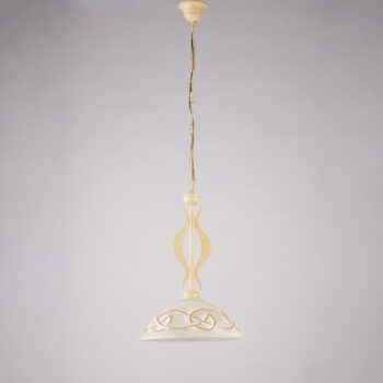 Lampadario in ferro laccato avorio con decorazione effetto decapè e diffusore in vetro diametro 30 bianco e ambra 1 luce