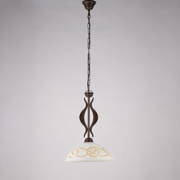 Lampadario in ferro laccato nero con decorazione effetto ruggine e diffusore in vetro diametro 30 bianco e ambra 1 luce