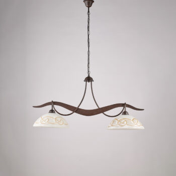 Lampadario in ferro laccato nero con decorazione effetto ruggine e diffusori in vetro diametro 30 bianchi e ambra 2 luci