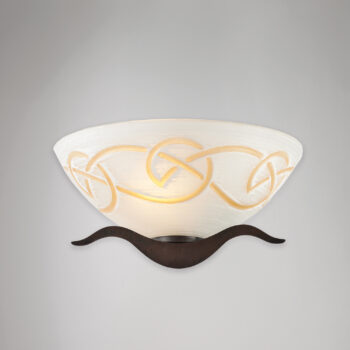 Applique in ferro laccato nero con decorazione effetto ruggine e diffusore in vetro diametro 30 bianco e ambra 1 luce