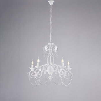 Lampadario in ferro laccato bianco con decorazione effetto shabby chic e strass in cristallo 5 luci
