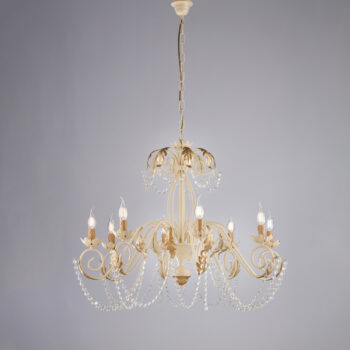 Lampadario in ferro laccato avorio con decorazione effetto decapè e rifiniture oro antico con strass in cristallo 8 luci