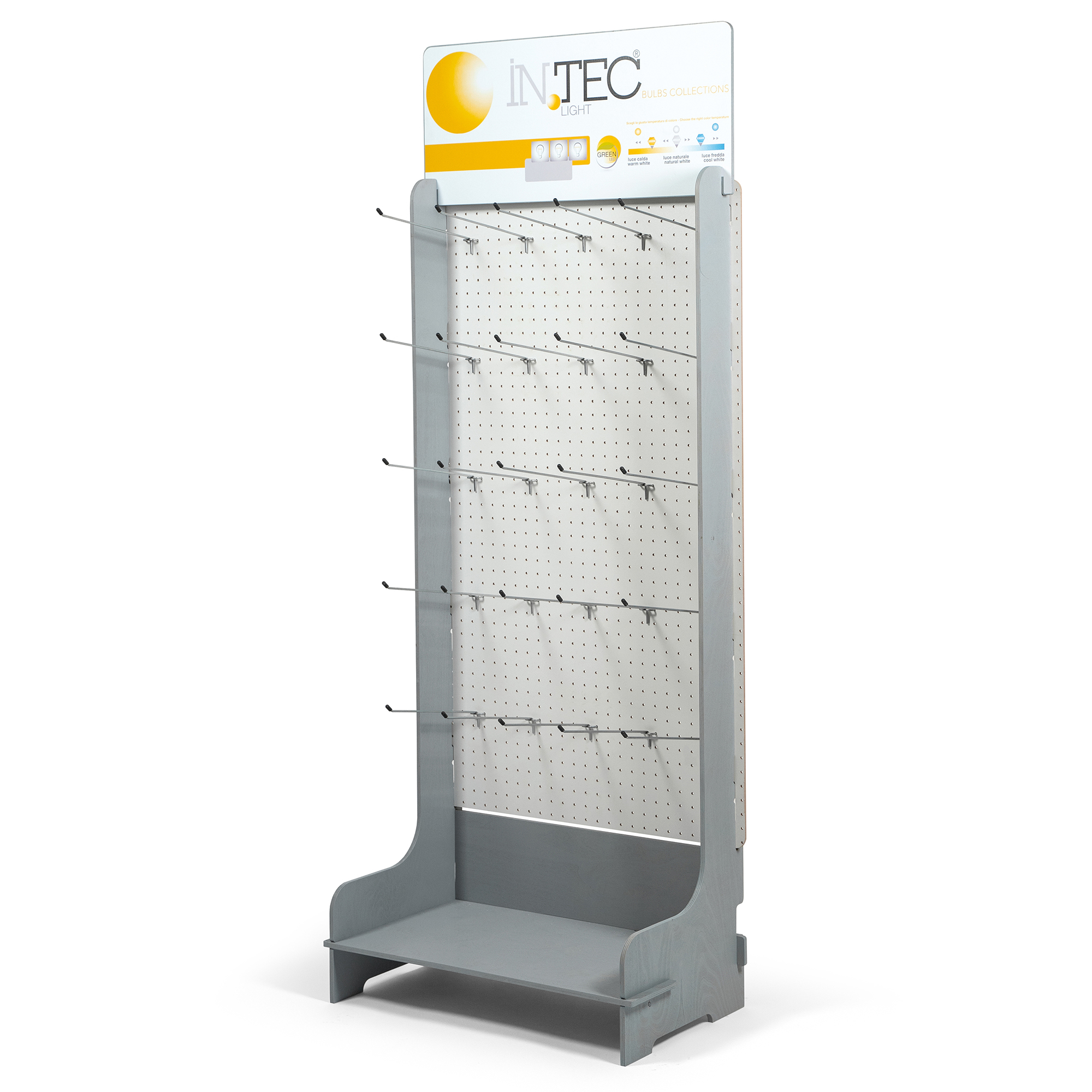 ESPOSITORE LAMPADINE IN LEGNO 1739X375X658mm + 29 GANCI DA 25CM