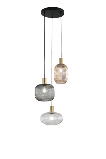 SOSPENSIONE EGADI NERO+SMOKE/AMBRA/TRASPARENTE IN METALLO E VETRO TRE PENDENTI E27 3X40W, MISURE LAMP. Dia14XH20CM, Dia20XH18CM, Dia25XH15CM MISURE STRUTT. 35x35x320CM